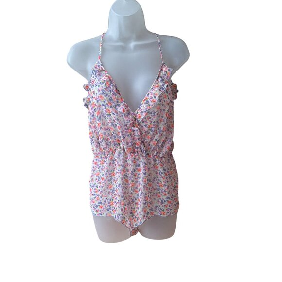 Victorias Secret Floral Print Ruffle Romper With Plunging Neckline & Cross-Strap - Picture 1 of 4